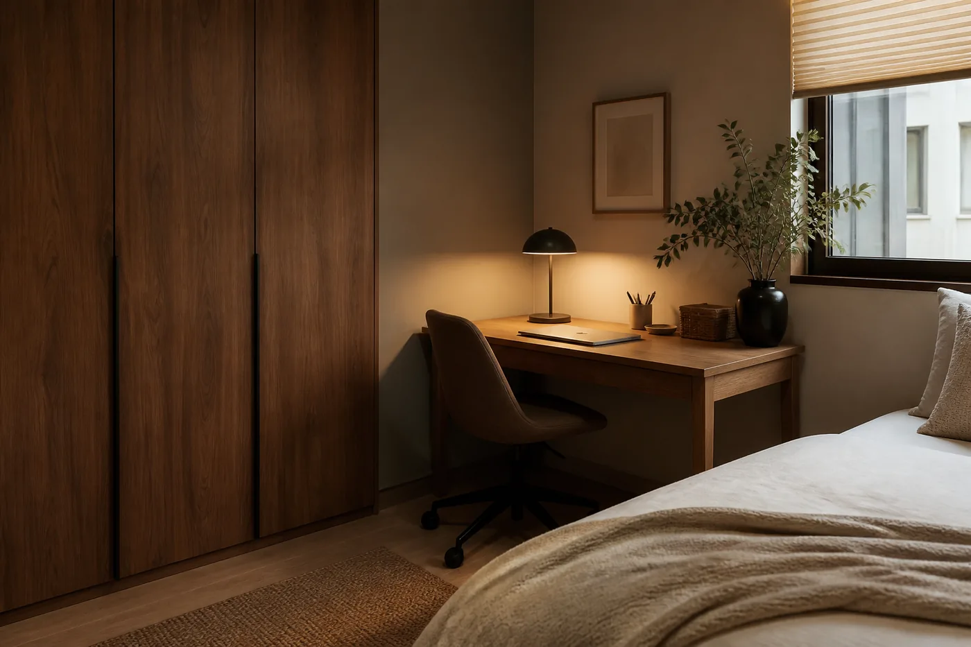 Lifestyle photo of a calm bedroom desk corner with a closed laptop, warm lamp, and a clear walk lane.