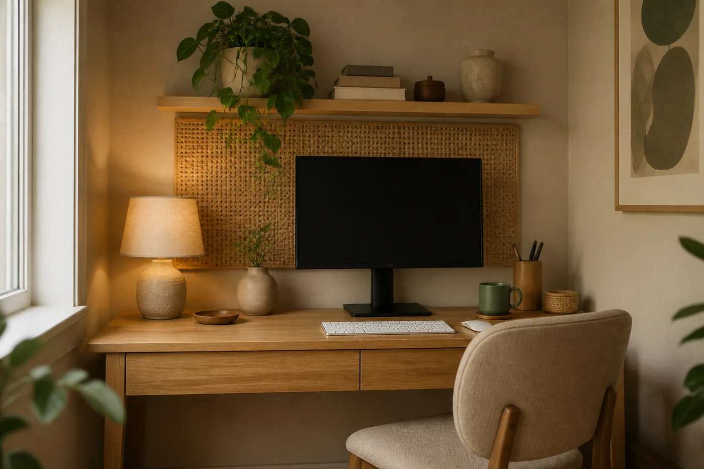 Warm lifestyle photo of an oak desk with a soft lamp, monitor, plant shelf, and cream walls in natural light.