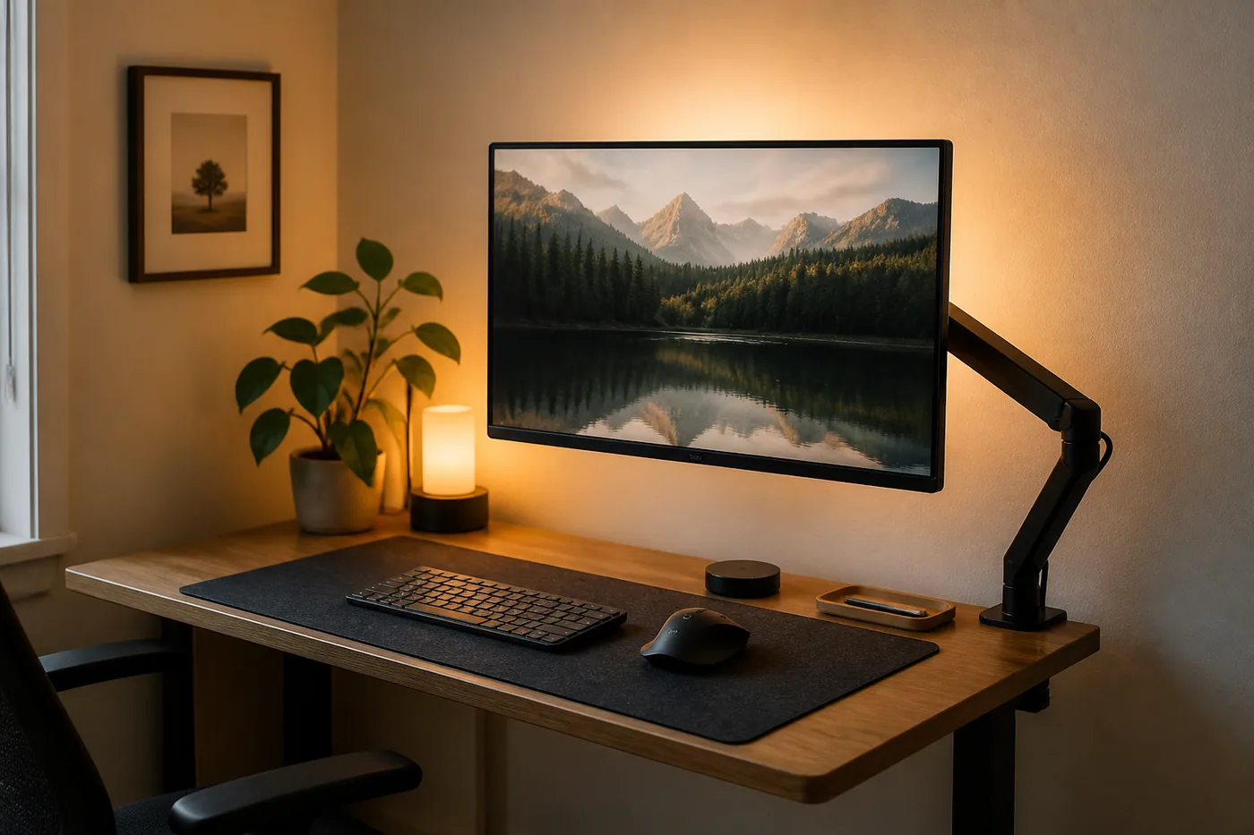 Lifestyle photo of a single monitor on a slim arm with a desk mat and soft backlight on a narrow oak desk.