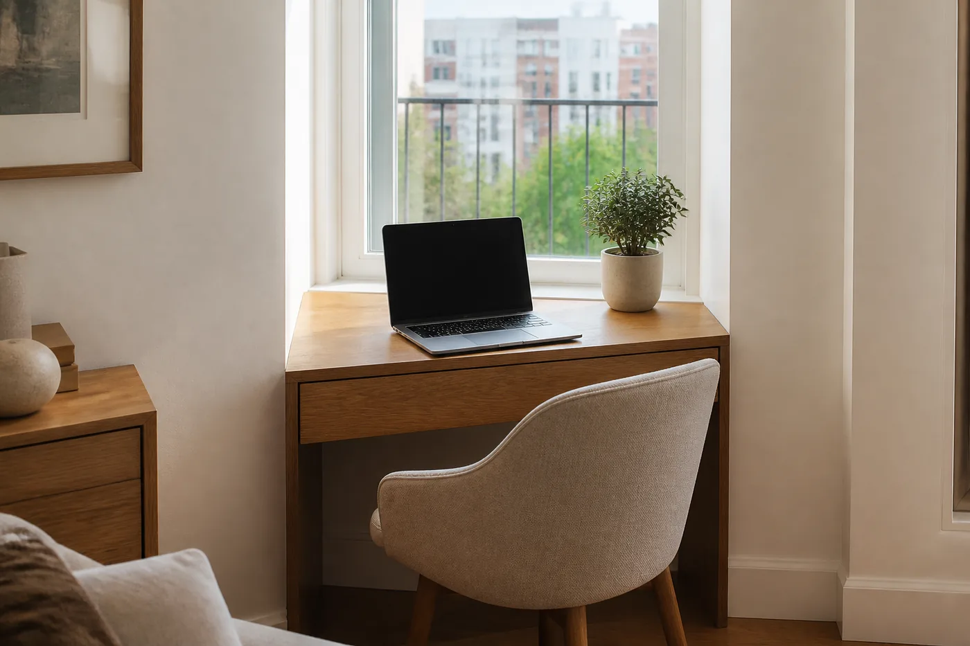 Warm lifestyle photo of a laptop-only oak desk in a bright apartment window bay with a plant and soft natural light.