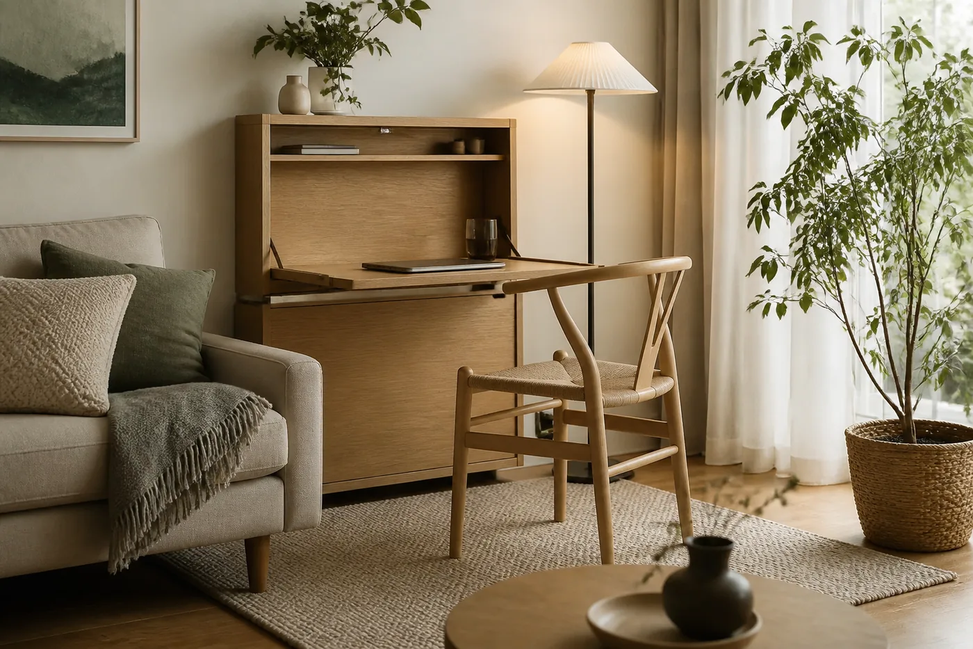 Lifestyle photo of a slim living-room desk zone with a soft rug boundary, warm lamp, and cream walls.