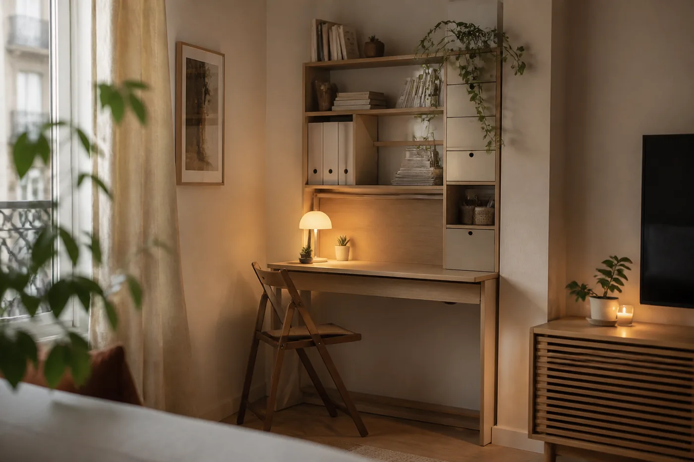 Lifestyle photo of a narrow desk with vertical wall storage above and a cleared work surface.